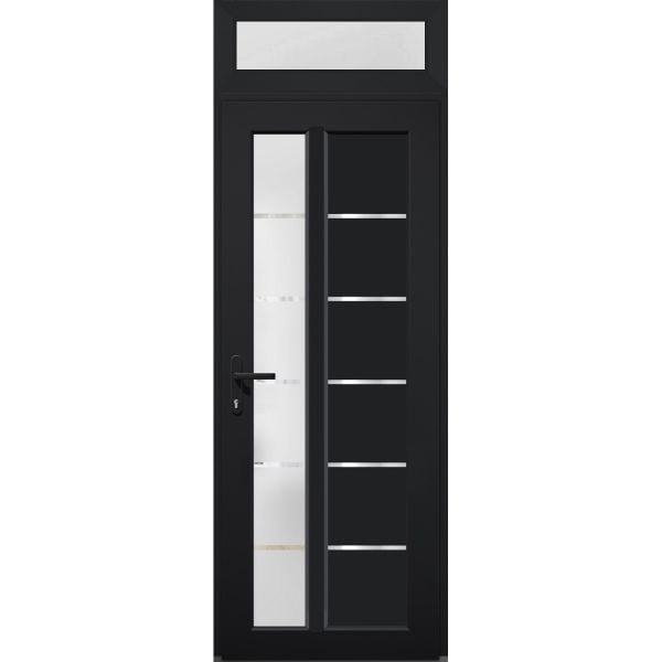 Front Exterior Prehung FiberGlass Door Frosted Glass / Manux 8088 Matte Black / Top Exterior Window / Office Commercial and Residential Doors Entrance Patio Garage-W36" x H80+14"-Right-hand Inswing