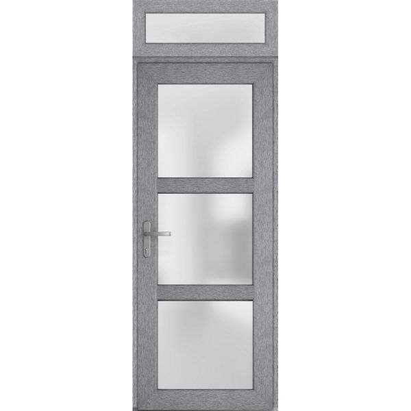 Front Exterior Prehung FiberGlass Door Frosted Glass / Manux 8552 Grey Ash / Top Exterior Window / Office Commercial and Residential Doors Entrance Patio Garage-W36" x H80+14"-Right-hand Inswing
