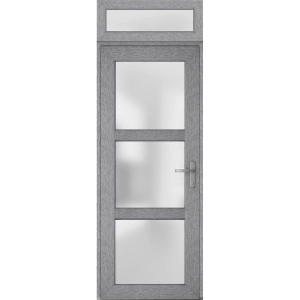 Front Exterior Prehung FiberGlass Door Frosted Glass / Manux 8552 Grey Ash / Transom Window / Office Commercial and Residential Doors Entrance Patio Garage-W36" x H80+14"-Left-hand Inswing