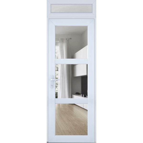 Front Exterior Prehung FiberGlass Door Clear Glass See-through / Manux 8555 White Silk Clear Glass / Top Exterior Window / Office Commercial and Residential Doors Entrance Patio Garage-W36" x H80+14"-Right-hand Inswing