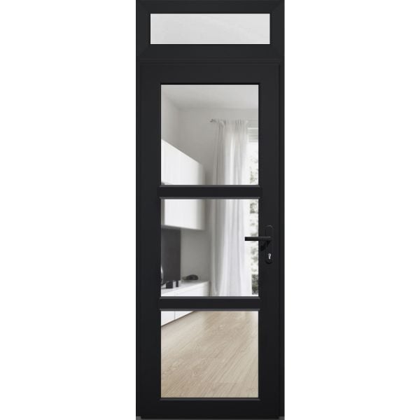 Front Exterior Prehung FiberGlass Door Clear Glass See-through / Manux 8555 Matte Black Clear Glass / Transom Window / Office Commercial and Residential Doors Entrance Patio Garage-W36" x H80+14"-Left-hand Inswing