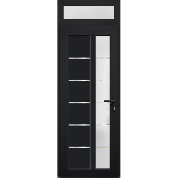 Front Exterior Prehung FiberGlass Door Frosted Glass / Manux 8088 Matte Black / Transom Window / Office Commercial and Residential Doors Entrance Patio Garage-W36" x H80+14"-Left-hand Inswing