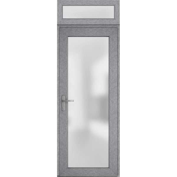 Front Exterior Prehung FiberGlass Door Frosted Glass / Manux 8102 Grey Ash / Top Exterior Window / Office Commercial and Residential Doors Entrance Patio Garage-W30" x H80+14"-Right-hand Inswing