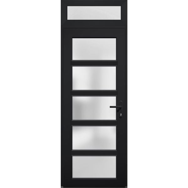 Front Exterior Prehung FiberGlass Door Frosted Glass / Manux 8002 Matte Black / Transom Window / Office Commercial and Residential Doors Entrance Patio Garage-W36" x H80+14"-Left-hand Inswing