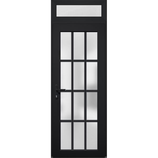 Front Exterior Prehung FiberGlass Door Frosted Glass / Manux 8312 Matte Black / Top Exterior Window / Office Commercial and Residential Doors Entrance Patio Garage-W36" x H80+14"-Right-hand Inswing