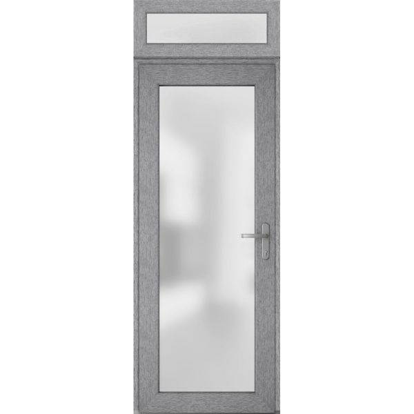 Front Exterior Prehung FiberGlass Door Frosted Glass / Manux 8102 Grey Ash / Transom Window / Office Commercial and Residential Doors Entrance Patio Garage-W36" x H80+14"-Left-hand Inswing
