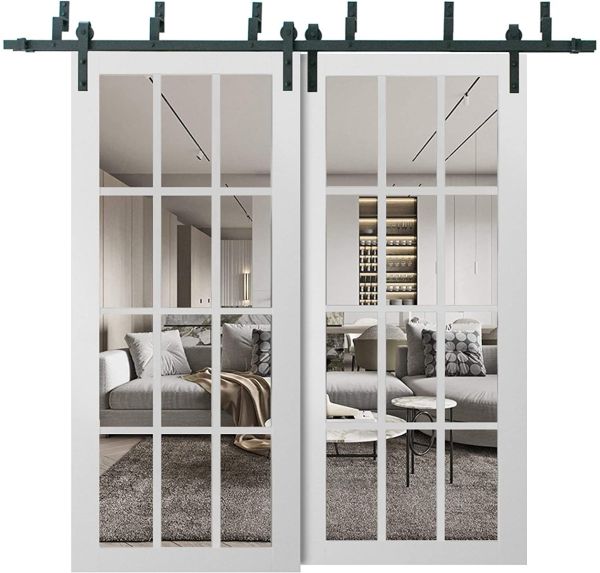 Sliding Closet 12 Lites Barn Bypass Doors | Felicia 3355 White Silk with Clear Glass | Sturdy 6.6ft Rails Hardware Set | Wood Solid Bedroom Wardrobe Doors 