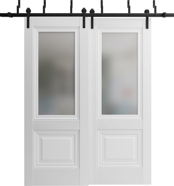 Barn Bypass Doors with 6.6ft Hardware | Lucia 8822 White Silk with Frosted Opaque Glass | Sturdy Heavy Duty Rails Kit Steel Set | Double Sliding Lite Panel Door -36" x 80" (2* 18x80)-Frosted Glass