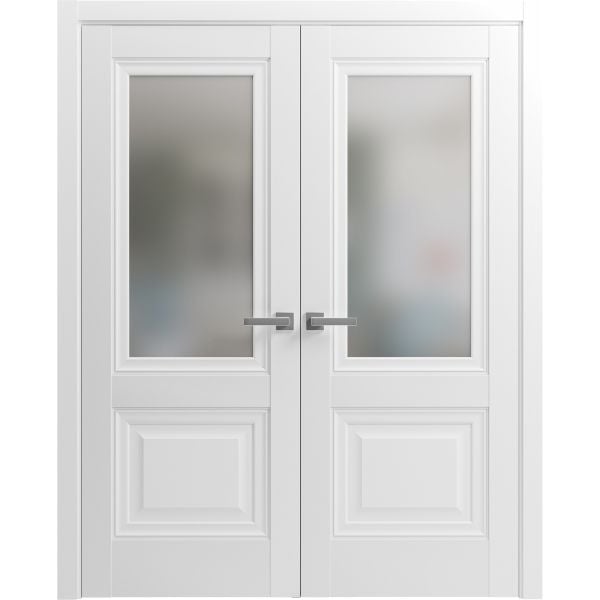 French Double Panel Lite Doors with Hardware | Lucia 8822 White Silk with Frosted Opaque Glass | Panel Frame Trims | Bathroom Bedroom Interior Sturdy Door