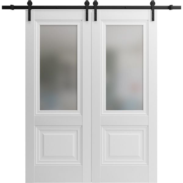 Sturdy Double Barn Door with | Lucia 8822 White Silk with Frosted Glass | 13FT Rail Hangers Heavy Set | Solid Panel Interior Doors