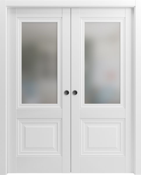 French Double Pocket Doors | Lucia 8822 White Silk with Frosted Opaque Glass | Kit Trims Rail Hardware | Solid Wood Interior Pantry Kitchen Bedroom Sliding Closet Sturdy Door-36" x 80" (2* 18x80)-Frosted Glass