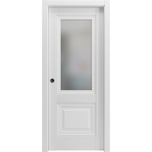 Sliding French Pocket Door with | Lucia 8822 White Silk with Frosted Glass | Kit Trims Rail Hardware | Solid Wood Interior Bedroom Sturdy Doors