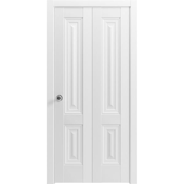 Sliding Closet Bi-fold Doors | Lucia 8831 White Silk with Frosted Glass | Sturdy Tracks Moldings Trims Hardware Set | Wood Solid Bedroom Wardrobe Doors 