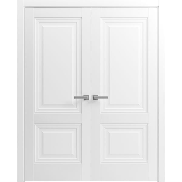French Double Panel Lite Doors with Hardware | Lucia 8831 White Silk with | Panel Frame Trims | Bathroom Bedroom Interior Sturdy Door