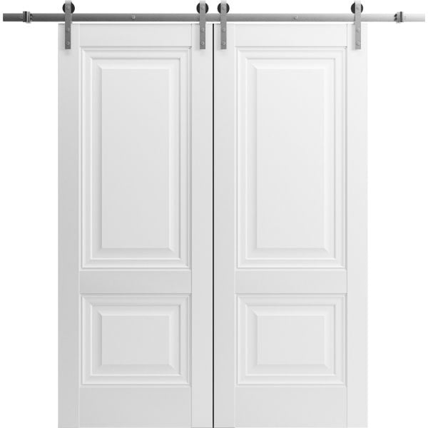 Sturdy Double Barn Door with | Lucia 8831 White Silk | Silver 13FT Rail Hangers Heavy Set | Solid Panel Interior Doors