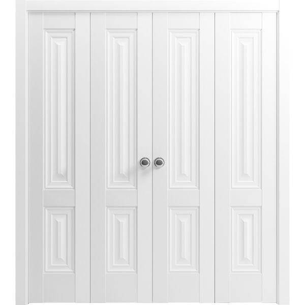 Sliding Closet Double Bi-fold Doors | Lucia 8831 White Silk | Sturdy Tracks Moldings Trims Hardware Set | Wood Solid Bedroom Wardrobe Doors 