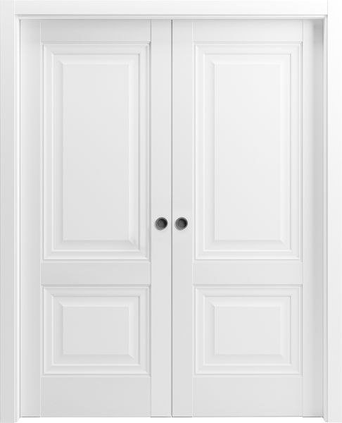 French Double Pocket Doors | Lucia 8831 White Silk | Kit Trims Rail Hardware | Solid Wood Interior Pantry Kitchen Bedroom Sliding Closet Sturdy Door-36" x 80" (2* 18x80)