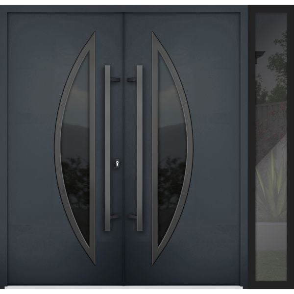 Front Exterior Prehung Steel Double Doors / Deux 6501 Anthracite / Sidelight Exterior Window / Stainless Inserts Single Modern Painted-W72+12" x H80"