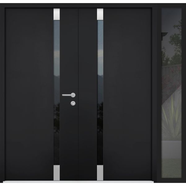 Front Exterior Prehung Steel Double Doors / Cynex 6777 Black / Sidelight Exterior Window / Stainless Inserts Single Modern Painted-W72+16" x H80"-Right-hand Outswing
