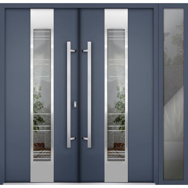 Front Exterior Prehung Steel Double Doors / Deux 5755 Gray Graphite / Sidelight Exterior Window / Stainless Inserts Single Modern Painted-W72+12" x H80"