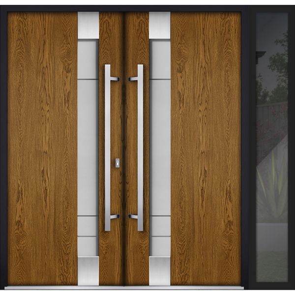 Front Exterior Prehung Steel Double Doors / Deux 1713 Natural Oak / Black Sidelight Exterior Window / Stainless Inserts Single Modern Painted-W72+12" x H80"
