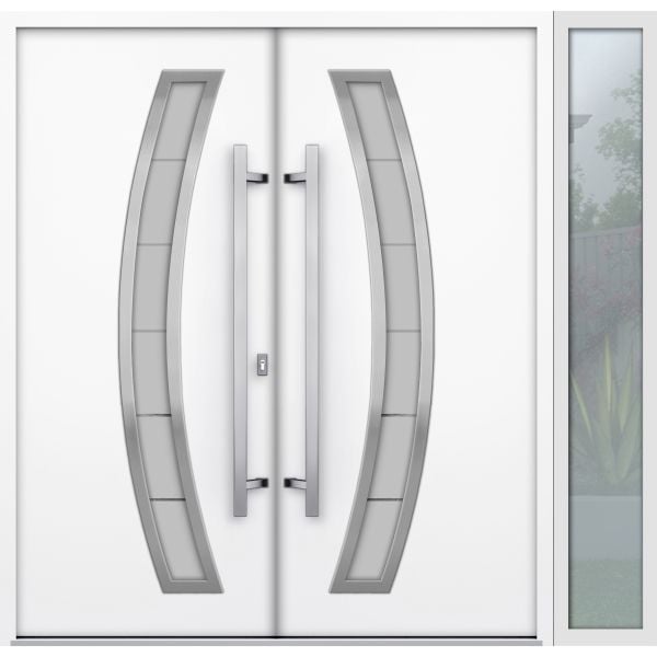 Front Exterior Prehung Steel Double Doors / Deux 6500 White / Sidelight Exterior Window / Stainless Inserts Single Modern Painted-W72+14" x H80"