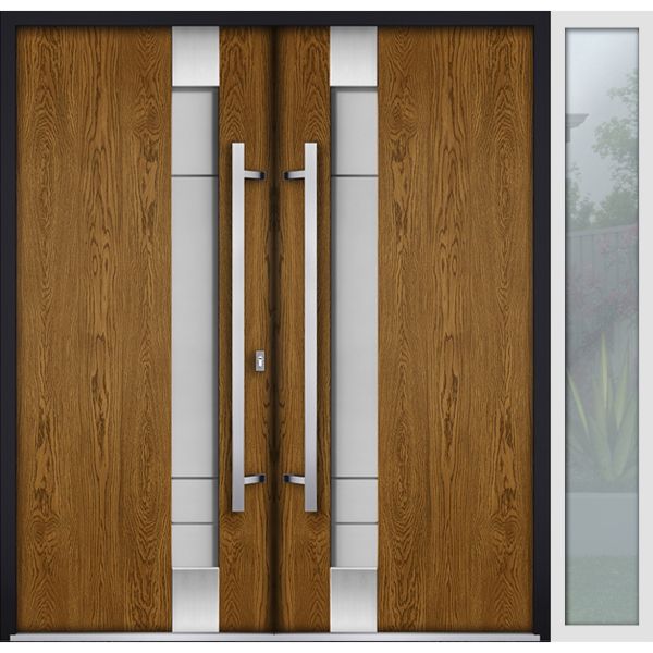 Front Exterior Prehung Steel Double Doors / Deux 1713 Natural Oak / White Sidelight Exterior Window / Stainless Inserts Double Modern Painted-Left Hand-W72+12" x H80"