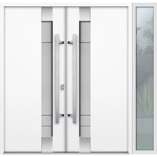 Front Exterior Prehung Steel Double Doors / Deux 1713 White Enamel / Sidelight Exterior Black Window / Stainless Inserts Single Modern Painted-W72+16" x H80"