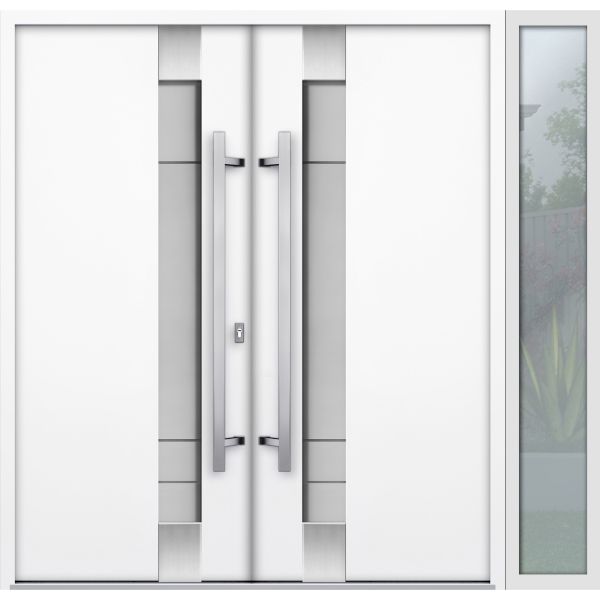 Front Exterior Prehung Steel Double Doors / Deux 1713 White Enamel / Sidelight Exterior Black Window / Stainless Inserts Single Modern Painted-W72+12" x H80"