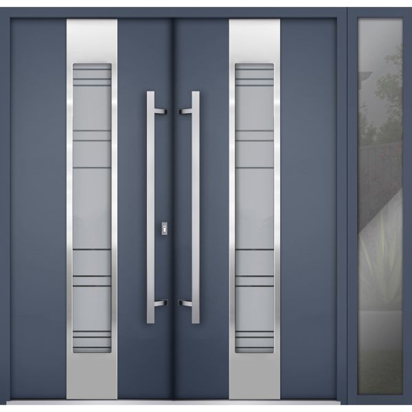 Front Exterior Prehung Steel Double Doors / Deux 0757 Gray Graphite / Sidelight Exterior Window / Stainless Inserts Single Modern Painted-W72+16" x H80"