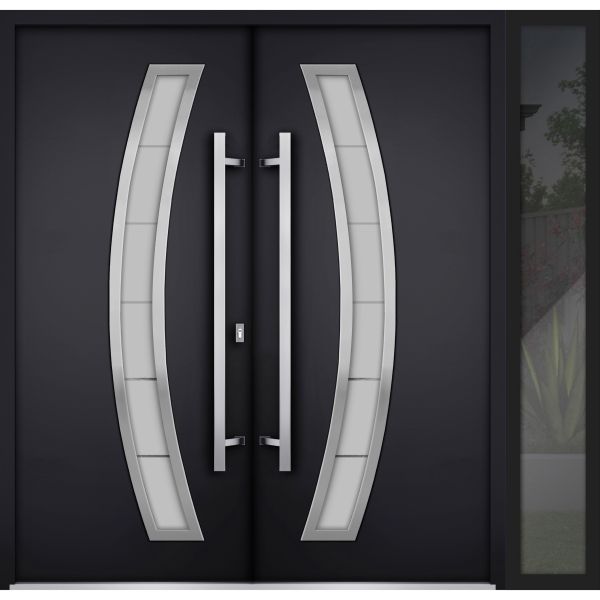 Front Exterior Prehung Steel Double Doors / Deux 6500 Black / Sidelight Exterior Window / Stainless Inserts Single Modern Painted-W72+12" x H80"