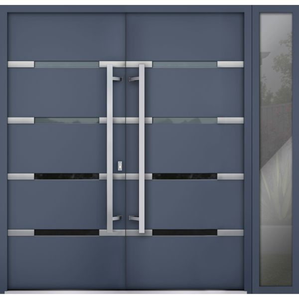 Front Exterior Prehung Steel Double Doors / Deux 1105 Gray Graphite / Sidelight Exterior Window / Stainless Inserts Single Modern Painted-W72+16" x H80"