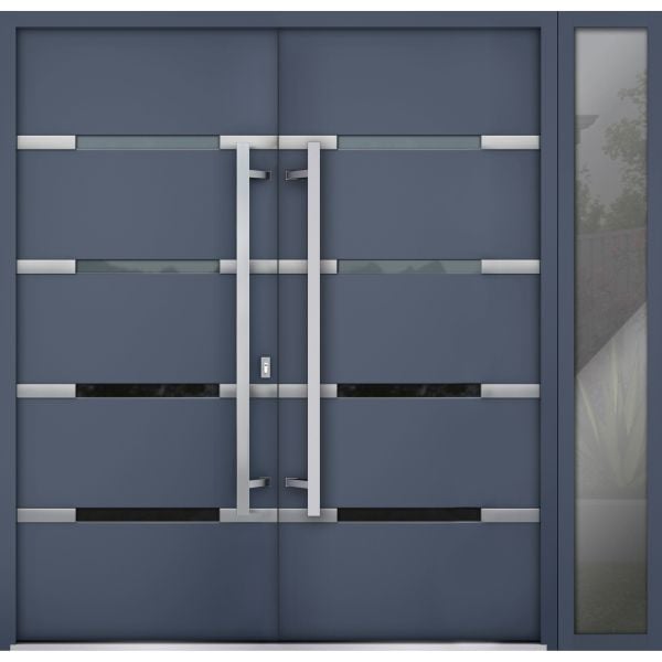 Front Exterior Prehung Steel Double Doors / Deux 1105 Gray Graphite / Side Exterior Window / Stainless Inserts Single Modern Painted-W72+12" x H80"