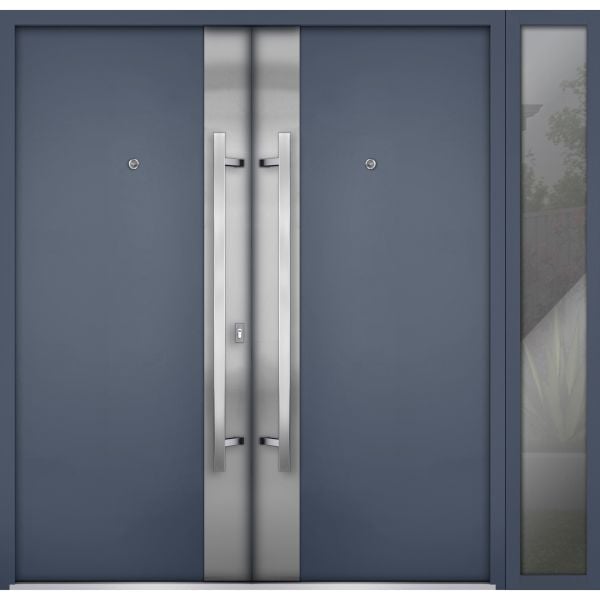 Front Exterior Prehung Steel Double Doors / Deux 0729 Gray Graphite / Sidelight Exterior Window / Stainless Inserts Single Modern Painted-W72+14" x H80"