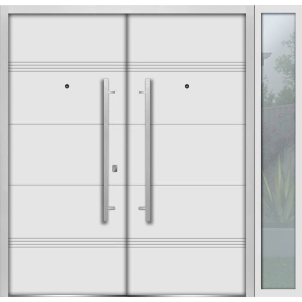 Front Exterior Prehung Steel Double Doors / Deux 1705 White Enamel / Sidelight Exterior Black Window / Stainless Inserts Single Modern Painted-W72+16" x H80"