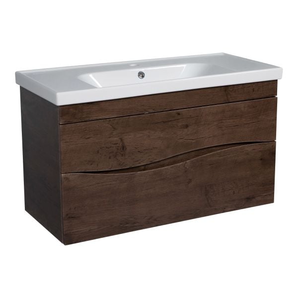 Modern Wall-Mount Bathroom Vanity with Washbasin | Wave Rosewood Collection | Non-Toxic Fire-Resistant MDF-26"