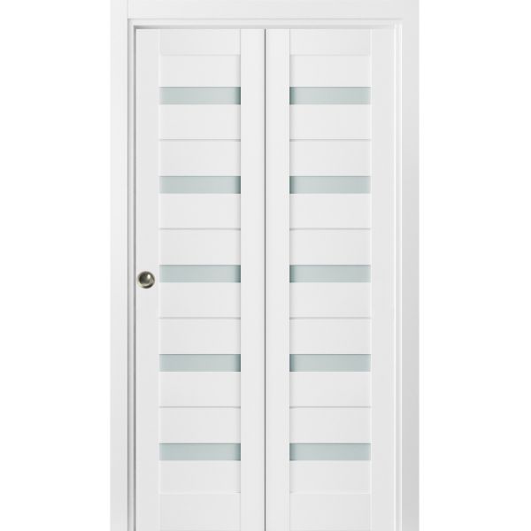 Sliding Closet Bi-fold Doors | Quadro 4445 White Silk with Frosted Glass | Sturdy Tracks Moldings Trims Hardware Set | Wood Solid Bedroom Wardrobe Doors 