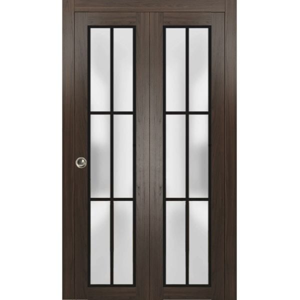 Sliding Closet Bi-fold Doors | Planum 2122 Chocolate Ash with Frosted Glass | Sturdy Tracks Moldings Trims Hardware Set | Wood Solid Bedroom Wardrobe Doors 