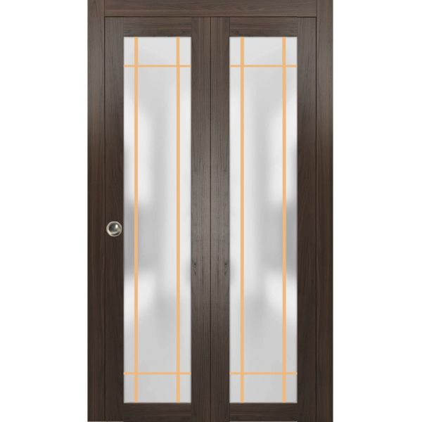 Sliding Closet Bi-fold Doors | Planum 2113 Chocolate Ash with Frosted Glass | Sturdy Tracks Moldings Trims Hardware Set | Wood Solid Bedroom Wardrobe Doors 