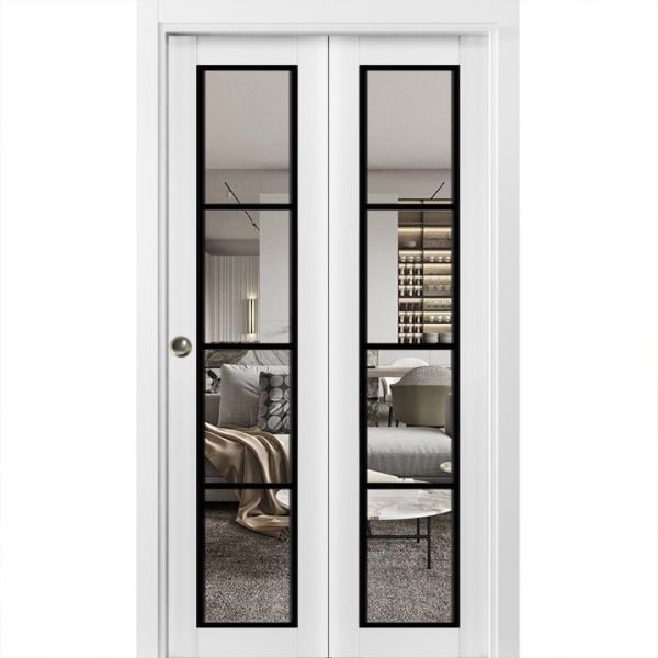 Sliding Closet Bi-fold Doors | Lucia 2466 White Silk with Clear Glass | Sturdy Tracks Moldings Trims Hardware Set | Wood Solid Bedroom Wardrobe Doors -36" x 80" (2* 18x80)-Clear Glass