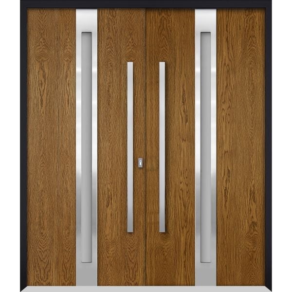 Front Exterior Prehung Steel Double Doors / Deux 1744 Natural Oak / Entry Modern Painted Left Inswing Active Door 72" x 80"