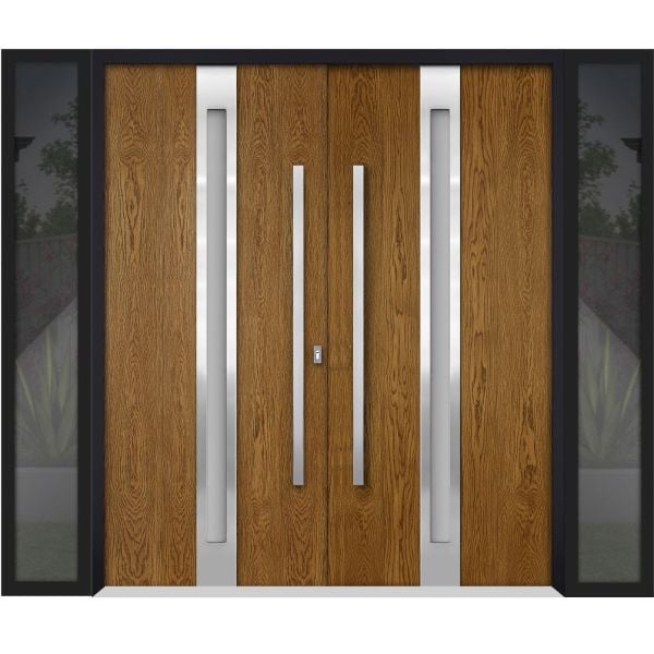 Front Exterior Prehung Steel Double Doors / Deux 1744 Natural Oak / 2 Sidelight Exterior Black Windows / Stainless Inserts Single Modern Painted-W12+72+12" x H80"