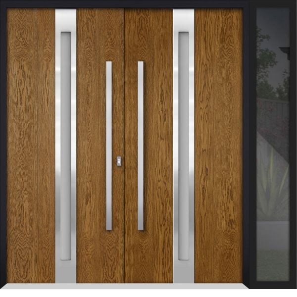 Front Exterior Prehung Steel Double Doors / Deux 1744 Natural Oak / Sidelight Exterior Black Window / Stainless Inserts Single Modern Painted-W72+16" x H80"