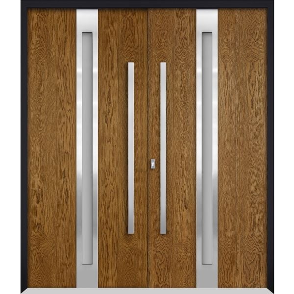 Front Exterior Prehung Steel Double Doors / Deux 1744 Natural Oak / Entry Modern Painted Right Inswing Active Door 72" x 80"