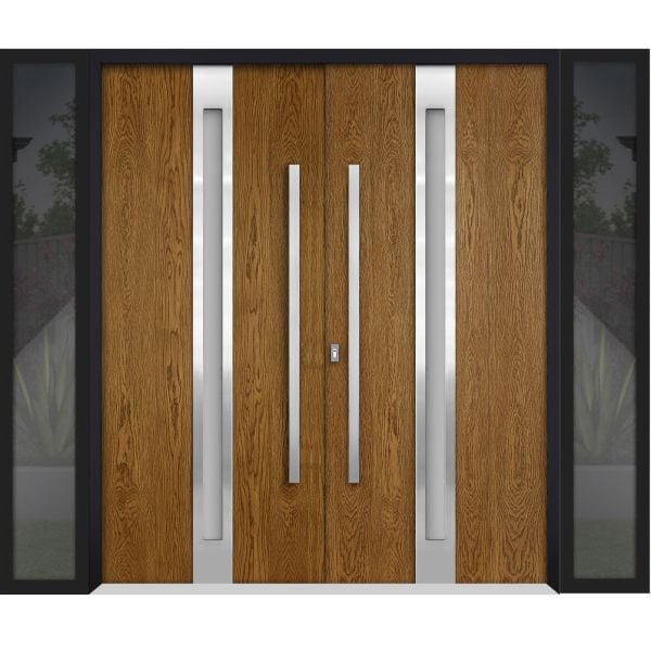 Front Exterior Prehung Steel Double Doors / Deux 1744 Natural Oak / 2 Sidelight Exterior Black Windows / Stainless Inserts Single Modern Painted-W12+72+12" x H80"