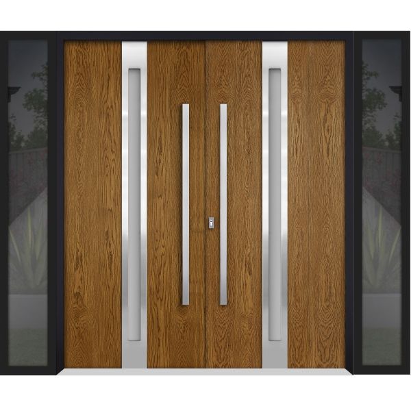 Front Exterior Prehung Steel Double Doors / Deux 1744 Natural Oak / 2 Sidelight Exterior Black Windows / Stainless Inserts Single Modern Painted-W16+72+16" x H80"