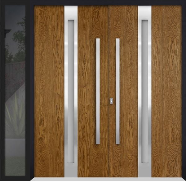 Front Exterior Prehung Steel Double Doors / Deux 1744 Natural Oak / Sidelight Exterior Black Window / Stainless Inserts Single Modern Painted-W72+16" x H80"