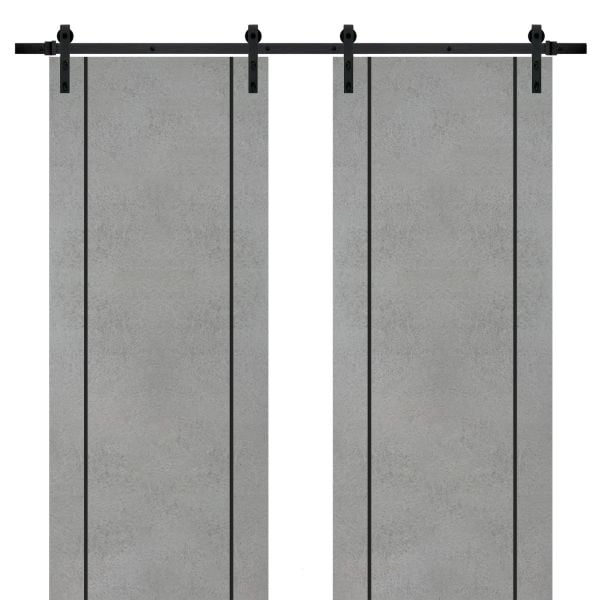 Sliding Double Barn Doors with Hardware | Planum 0017 Concrete | 13FT Rail Hangers Sturdy Set | Modern Solid Panel Interior Hall Bedroom Bathroom Door-36" x 80" (2* 18x80)-Black Rail