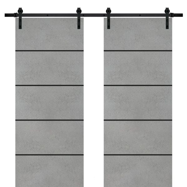 Sliding Double Barn Doors with Hardware | Planum 0015 Concrete | 13FT Rail Hangers Sturdy Set | Modern Solid Panel Interior Hall Bedroom Bathroom Door-36" x 80" (2* 18x80)-Black Rail