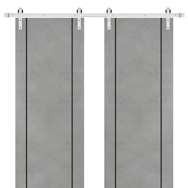 Sliding Double Barn Doors with Hardware | Planum 0017 Concrete | 13FT Rail Hangers Sturdy Set | Modern Solid Panel Interior Hall Bedroom Bathroom Door-36" x 80" (2* 18x80)-Silver Rail